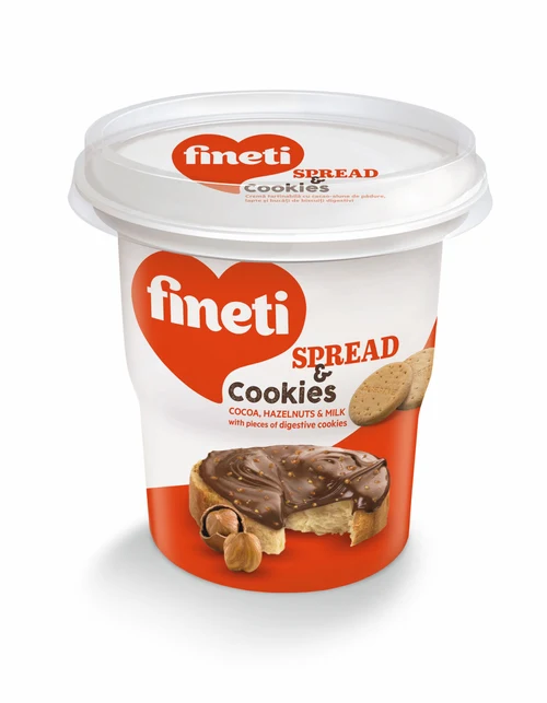 Cremă cu cacao-alune de pădure, lapte și bucăți de biscuiți Fineti Spread & Cookies  370g