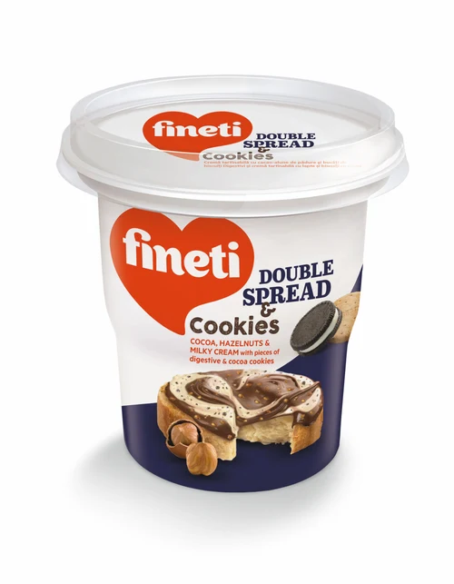 Шоколадно-ореховая паста Fineti Double Spread & Cookies с какао, лесным орехом, молочной начинкой и кусочками печенья, 370 г
