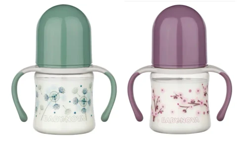 ”Baby-Nova” Biberon din silicon cu gât larg cu mânere,150 ml, 0 - 24 luni, debit lent, fără BPA, cu tetină suplimentară