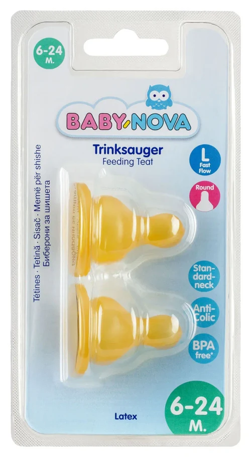 ”Baby-Nova” Tetină 6 luni+, cu debit rapid, Latex, fără BPA, 2 bucati (14304)