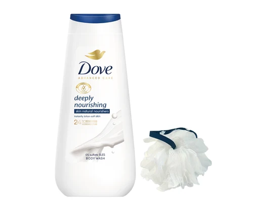 Dove Gel de Dus ADV Deeply Nourishing 225ml + Puf baie Gratis