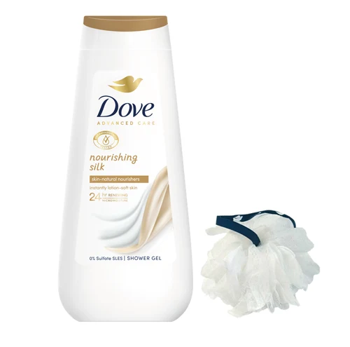 Dove Gel de Dus ADV Nourishing Silk 225ml + Puf baie Gratis