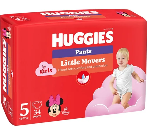 Scutece-chilotel pentru copii Huggies Little Movers Pants Jumbo 5  (12-17 kg) GIRL (p/u fete), 34 buc.