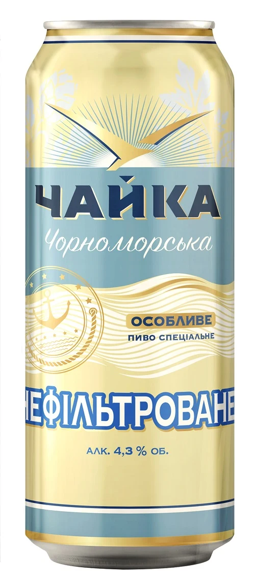 Bere specială blondă nefiltrată pasteurizată „Chayka Chornomorska. Nefiltrovana”, alc. 4,3% vol., doza 0,5L